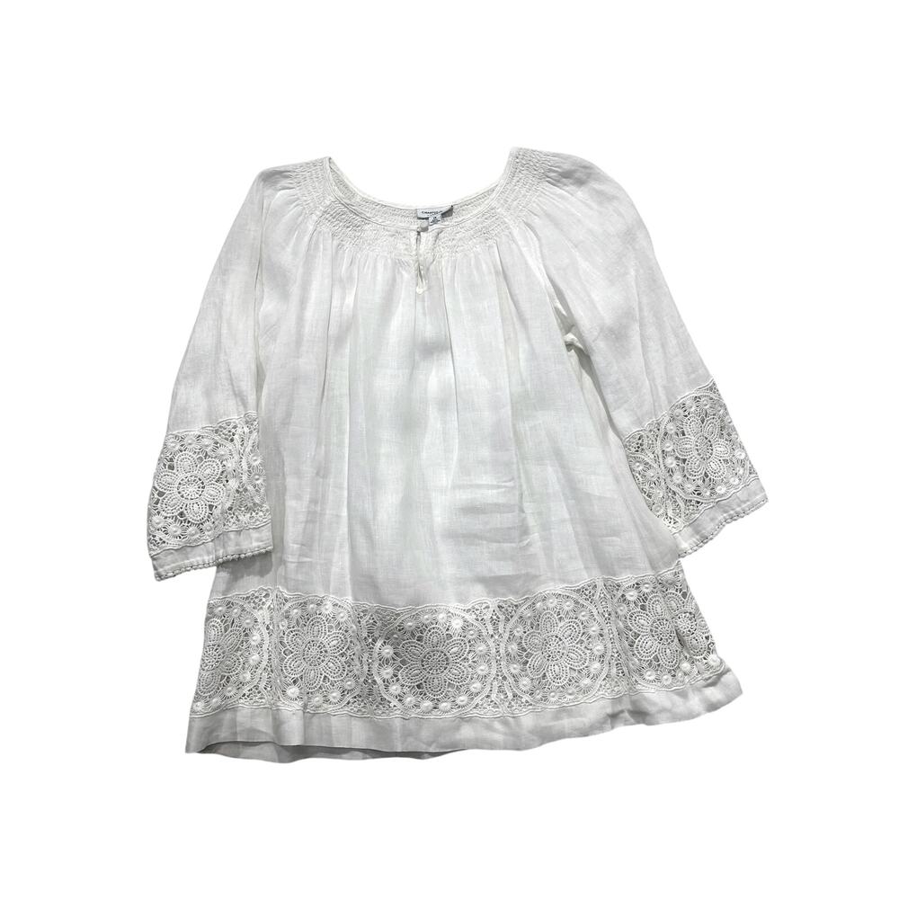 Charter Club Weekend Women 2X 100% Linen Lace Cottage Smocking Keyhole Top